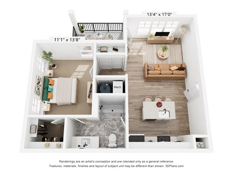 Floor plan for 1 bed, 1 bath, 725 sqft